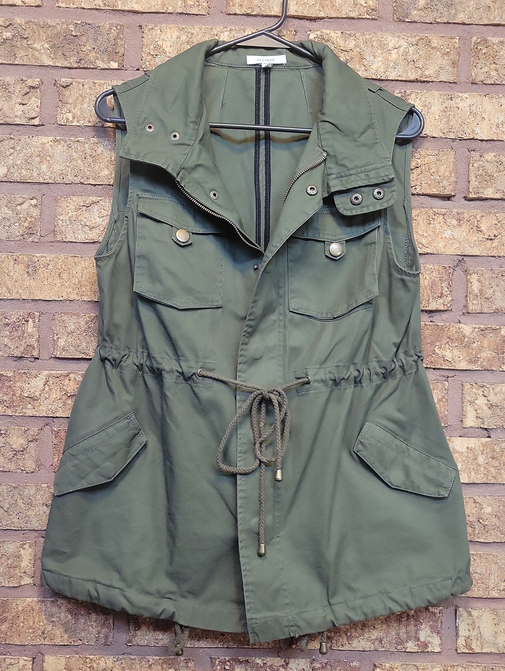 Pleione Olive Green Utility Vest Military Style Cargo Size Small 100% Cotton